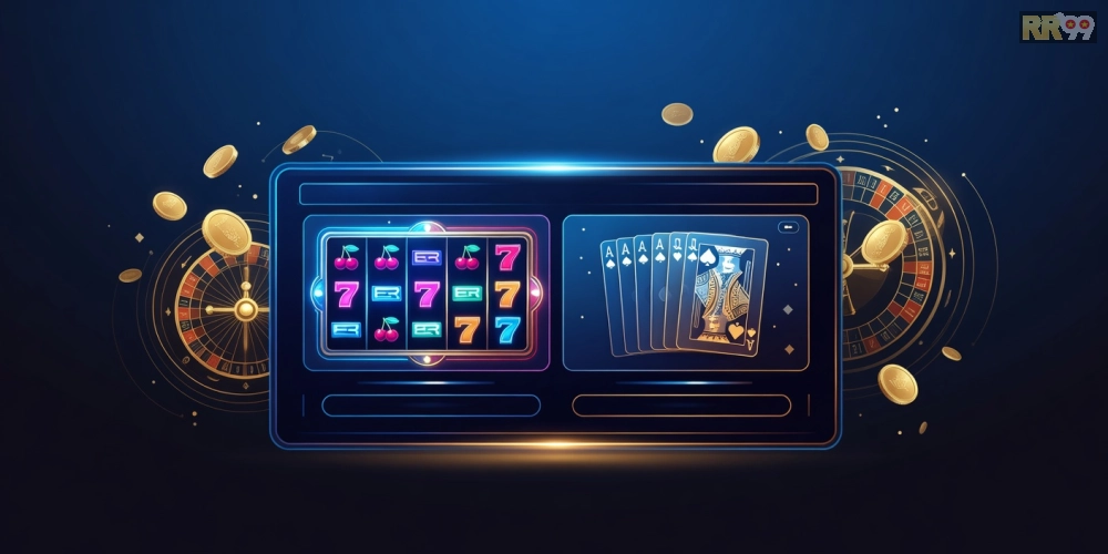 Minh họa khái niệm top casino rr99 với giao diện nền tảng cá cược hiện đại và các trò chơi phổ biến