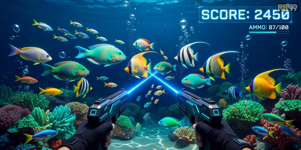 Hình minh họa giao diện game bắn cá online rr99 với đại dương sống động và người chơi săn thưởng