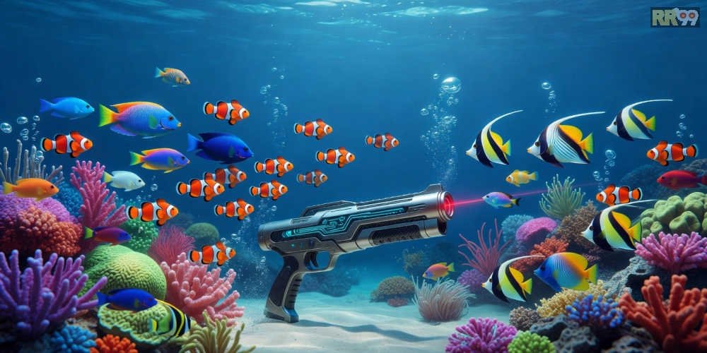 Hình minh họa giao diện game bắn cá rr99 với cá đa dạng và súng hiện đại