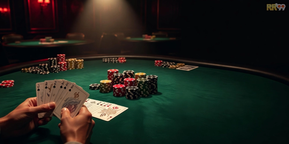 Hình ảnh giao diện chơi Poker Texas Hold'em trên rr99 với bàn bài chuyên nghiệp và người chơi ảo