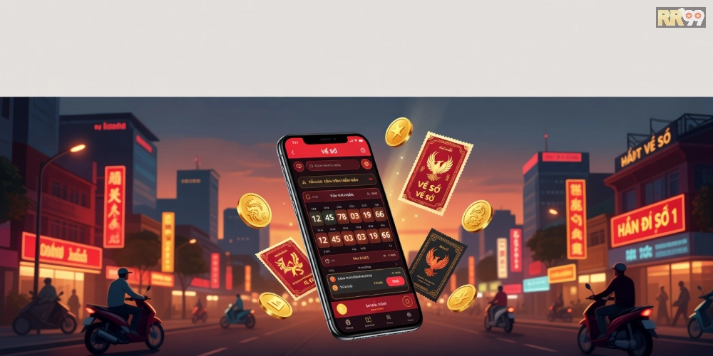 Minh họa khái niệm xổ số minh ngọc rr99 với giao diện trực tuyến hiện đại và biểu tượng may mắn