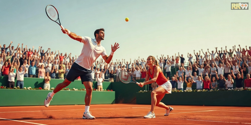 Hình ảnh sôi động về trận tennis Grand Slam với quả bóng và vợt trên nền sân cỏ xanh.