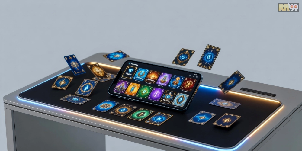 Minh họa khái niệm game bài đổi thưởng trên nền tảng rr99 với giao diện hiện đại và thẻ bài đa dạng
