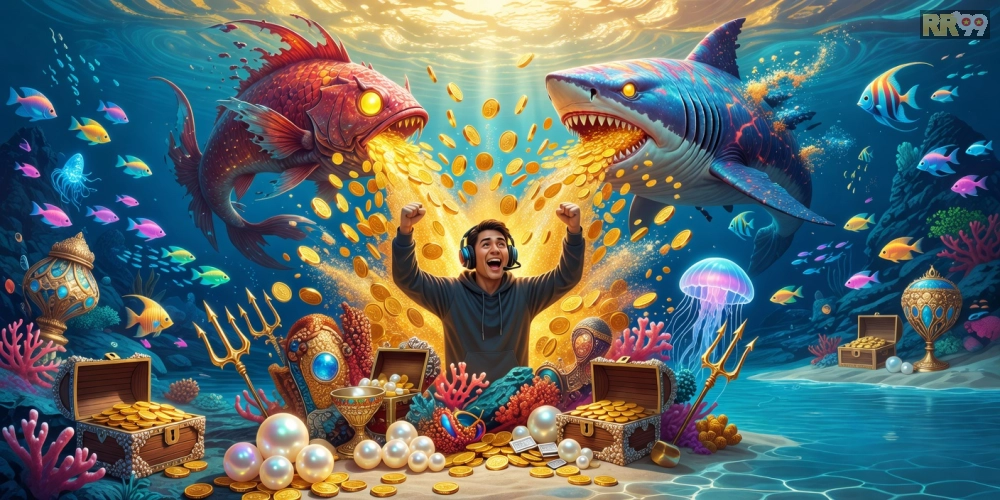 Hình ảnh ưu điểm nổi bật của game bắn cá online rr99 với phần thưởng hấp dẫn và giao diện thân thiện